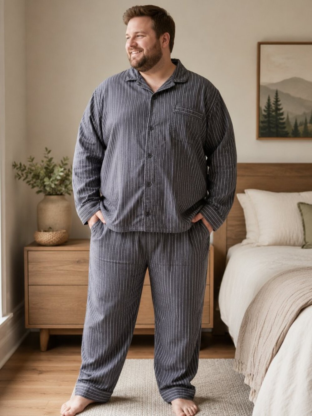 PajamaGram Mens XL Gray Striped Button Front Pajama Set Lounge Sleepwear
